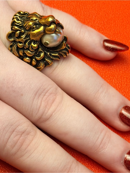 Gucci Jewelry - Gucci Gold Lion Head Statement Ring with Pearl Accent - Women Jewelry
